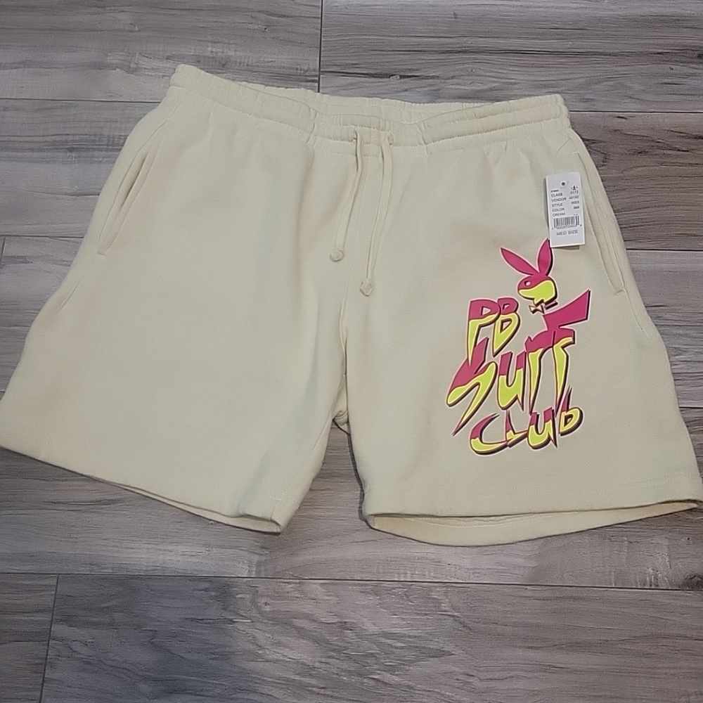 NWOT Pacsun Shorts Mens Medium Cream Fleece Graphic Logo Drawstring‎  Pockets